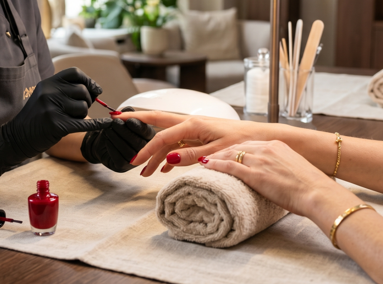 Professionelle Maniküre mit langanhaltender Farbe bei Bahia Beauty Brasil in Nürnberg Nordstadt – Detailaufnahme der Lackanwendung