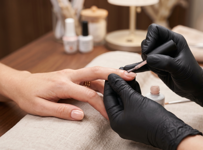 Professionelle Maniküre mit Shellack bei Bahia Beauty Brasil in Nürnberg Nordstadt – Detailaufnahme der Anwendung von Shellack.
